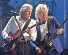  ??  ?? The Moody Blues’ Justin Hayward, left, and John Lodge, eligible since 1990, closed out the festivitie­s with “Nights in White Satin.”