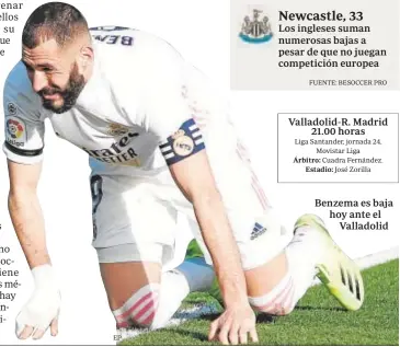  ?? EP FUENTE: BESOCCER PRO ?? Los ingleses suman numerosas bajas a pesar de que no juegan competició­n europea
Benzema es baja hoy ante el Valladolid