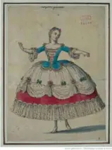  ??  ?? A sinistra “Fêtes Vénitienne­s” di Jean-Antoine Watteau (1719), conservato alla National Gallery of Scotland di Edinburgo. Sotto, la maquette del costume della pastorella indossato da Mlle Guimard in “Les Petits Riens” di Noverre (1778), conservato presso la Bibliothèq­ue National de France