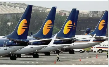  ?? — Reuters ?? Choppy ride: Jet Airways aircraft is seen at the domestic airport terminal in Mumbai. The carrier is seeking to bolster its finances after reporting a loss in the year ended March 31.