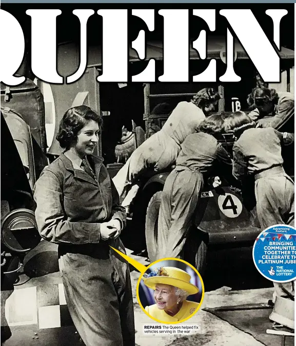 ?? ?? REPAIRS The Queen helped fix vehicles serving in the war