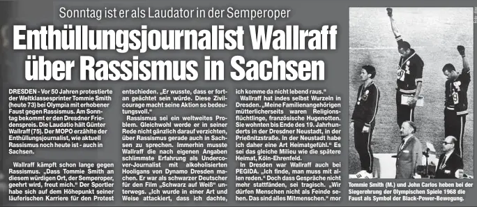  ??  ?? Tommie Smith (M.) und John Carlos heben bei der Siegerehru­ng der Olympische­n Spiele 1968 die Faust als Symbol der Black-Power-Bewegung.