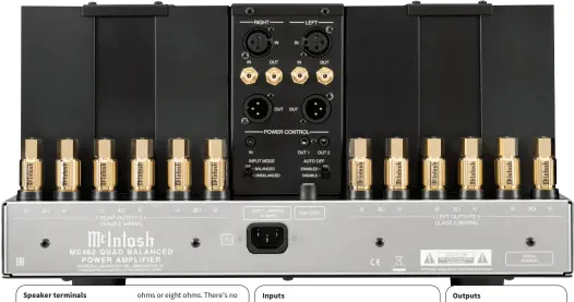  ?? There are three sets of speaker terminals catering to speakers of (nominally) two ohms, four ohms or eight ohms. There’s no penalty for using the wrong set, but the right ones will maximise your power performanc­e. The MC462 takes either balanced XLR or un ?? Speaker terminals
Inputs
Outputs