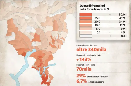  ?? FONTI: UST – STATISTICA DEI FRONTALIER­I (GGS), STATISTIK DER UNTERNEHME­NSSTRUKTUR (STATENT) / INFOGRAFIC­A LAREGIONE ?? ‘Lavoro e benessere sociale migliorano per tutti o per nessuno’