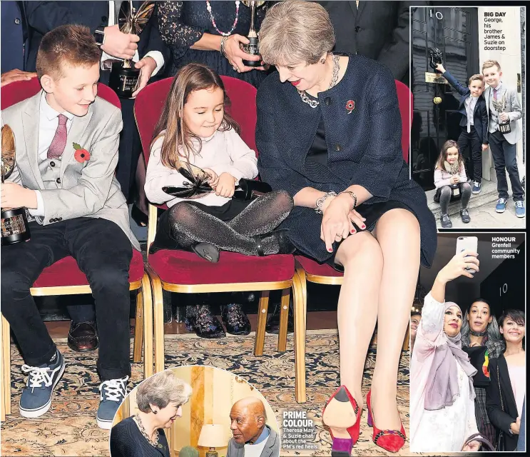  ??  ?? PRIME COLOUR Theresa May &amp; Suzie chat about the PM’S red heels BIG DAY George, his brother James &amp; Suzie on doorstep HONOUR Grenfell community members