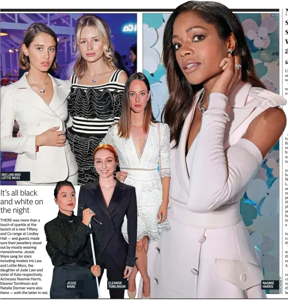  ??  ?? THERE was more than a touch of sparkle at the launch of a new Tiffany and Co range at Lindley Hall — and guests made sure their jewellery stood out by mostly wearing monochrome. Jessie Ware sang for stars including models Iris Law and Lottie Moss, the...