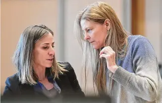  ?? ?? Michelle Troconis, right, chats with her defense attorney, Audrey Felsen on Wednesday.