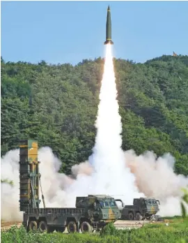  ?? SOUTH KOREA DEFENSE MINISTRY VIA AP ?? In this photo provided by South Korea Defense Ministry, South Korea’s Hyunmoo Missile II is fired Wednesday during a combined military exercise between the U.S. and South Korea against a simulated North Korea at an undisclose­d location in South Korea.