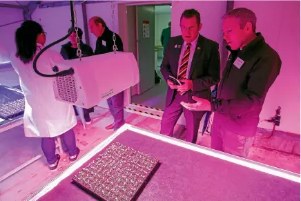  ?? PHOTOS: MURRAY WILSON/STUFF ?? Biolumic founder and chief scientist Jason Wargent explains how the UV treatment works to Palmerston North mayor Grant Smith.