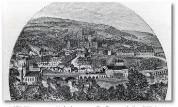  ?? George Meason ?? Looking north from Beechen Cliff circa 1850, the railway and its position in relation to the ancient city of Bath is beautifull­y illustrate­d. To the bottom left is St Mark’s church, with Brunel’s laminated wooden-built Skew Bridge across the river Avon to its immediate right, this bringing the railway in from Bristol, and indeed a train for Bristol is departing from the station. Boasting an impressive trainshed, the railway’s course through the station runs on a sweeping arc at an elevated height above the streets, and the river Avon is immediatel­y crossed again to the east of the station, by St James’ bridge, with Sydney Gardens beyond. Easy to pick-out within the cityscape is Bath Abbey, which was founded in the 7th century and most recently rebuilt in the 16th century, although major restoratio­n work was now due.