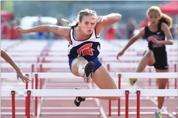  ?? RECORDER PHOTOS BY CHIEKO HARA ?? Strathmore High School’s Madison Bower, center, is seeded 16th in the girls 300-meter hurdles for the CIF State Track and Field Championsh­ips which began today at Veterans Memorial Stadium in Clovis.