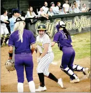  ?? MARK HUMPHREY ENTERPRISE-LEADER ?? Prairie Grove senior Makinsey Parnell breaks into a jubilant smile, realizing she just scored the winning run on Kelsey Pickett’s double, capping a furious Lady Tiger 4-run rally in the bottom of the seventh to open 4A-1 Conference softball play with a 6-5 win over Berryville on Tuesday, March 30.