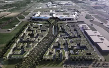  ??  ?? An artist’s impression — supplied to councillor­s — of a third terminal to the west of Dublin Airport