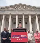  ?? KENT NISHIMURA/GETTY IMAGES ?? House Speaker Mike Johnson, R-La., speaks about the Safeguard American Voter Eligibilit­y (SAVE) Act during a news conference May 8.