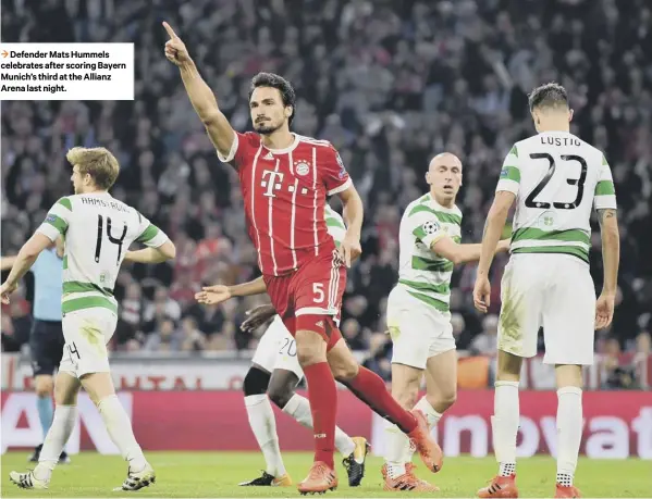  ??  ?? 3 Defender Mats Hummels celebrates after scoring Bayern Munich’s third at the Allianz Arena last night.