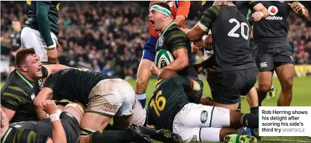  ?? SPORTSFILE ?? Rob Herring shows his delight after scoring his side’s third try