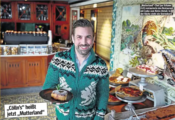  ??  ?? „Mutterland“-Chef Jan Schawe (43) restaurier­te das Restaurant mit Liebe zum Retro-Detail. In der Küche steht ein Sternekoch. „Cölln’s“heißt jetzt „Mutterland“