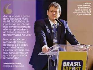  ?? Alessandro Dias/Estúdio Folha ?? O ministro Tarcísio de Freitas, da Infraestru­tura, durante cerimônia de encerramen­to do Brasil Export, em Brasília