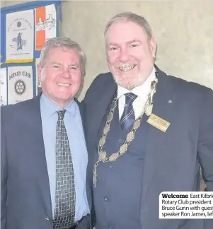  ??  ?? Welcome East Kilbride Rotary Club president Bruce Gunn with guest speaker Ron James, left