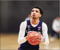  ?? Matt Slocum / Associated Press ?? UConn’s James Bouknight shoots a free throw during Saturday’s game against Villanova.