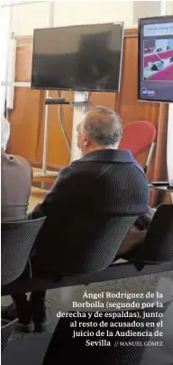  ?? // MANUEL GÓMEZ ?? Ángel Rodríguez de la Borbolla (segundo por la derecha y de espaldas), junto al resto de acusados en el juicio de la Audiencia de Sevilla