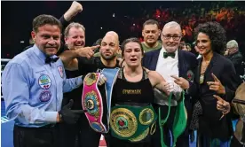 ?? ?? Katie Taylor with her belts after the fight. Photograph: Stephen McCarthy/Sportsfile/Getty Images