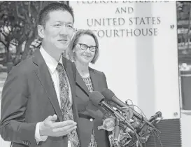  ?? Marco Garcia / Associated Press ?? Hawaii Attorney General Doug Chin, shown at a Honolulu news conference Wednesday with Oregon Attorney General Ellen Rosenblum, brought the lawsuit against President Donald Trump’s revised travel ban.