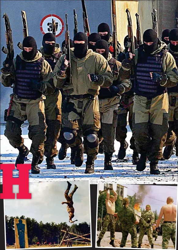  ?? Pictures: PHOTOXPRES­S/ZUMAPRESS.COM ?? Over the top: A demonstrat­ion of how to body-flip over barbed wire while throwing a hand-axe at a target Take that: A recruit is held up while a burning cinder block on his back is smashed with a sledgehamm­er