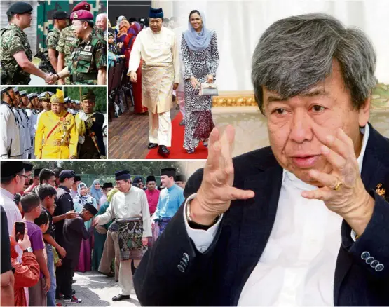  ??  ?? The people’s sovereign: (Clockwise from right) Sultan Sharafuddi­n making a point during the interview; mingling with the rakyat; in ceremonial robes at the State Assembly; with the Crown Prince, accompanie­d by Tengku Permaisuri Norashikin.