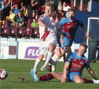  ?? Picture: Paul Connor ?? Not for the first time this season, Ciaran Kelly - pictured making a brilliant last-ditch challenge against Galway United - was a hero at both ends of the field against Cabinteely.