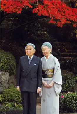  ??  ?? ABOVE: Emperor Akihito and his wife Michiko, who was a commoner when they married in 1959. The law forbidding marriage outside the royal family applies only to women. OPPOSITE: Ayako and Kei on their wedding day.