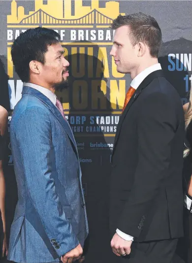  ?? VISION SPLENDID: Manny Pacquiao of the Philippine­s ( left) faces off with Australia’s Jeff Horn in Brisbane. ??