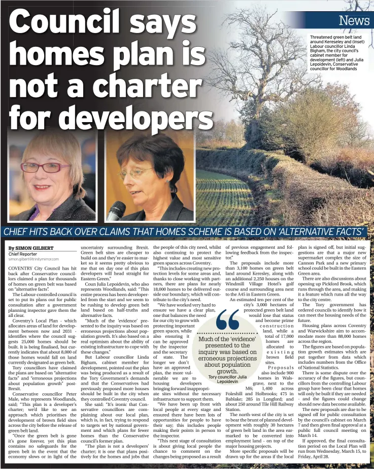  ??  ?? Threatened green belt land around Kereseley and (inset) Labour councillor Linda Bigham, the city council’s cabinet member for developmen­t (left) and Julia Lepoidevin, Conservati­ve councillor for Woodlands