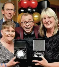  ??  ?? ●●Sharon Daniels (left) and Shani Simon, who jointly won Carer of the Year at the Stockport Borough Care community heroes awards, with Hollyoaks actor Joe Tracini and Borough Care chairman Steve Normansell