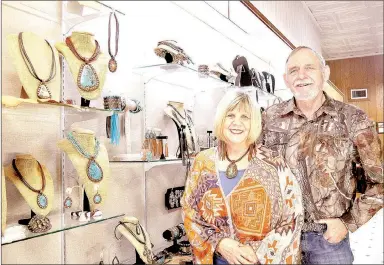  ?? RACHEL DICKERSON/MCDONALD COUNTY PRESS ?? Alicia and Jeff Brady of Brady’s Jewelry are pictured at their storefront in Anderson. The couple sells handmade leather jewelry with turquoise in a line called the Rowdy Cowgirl.