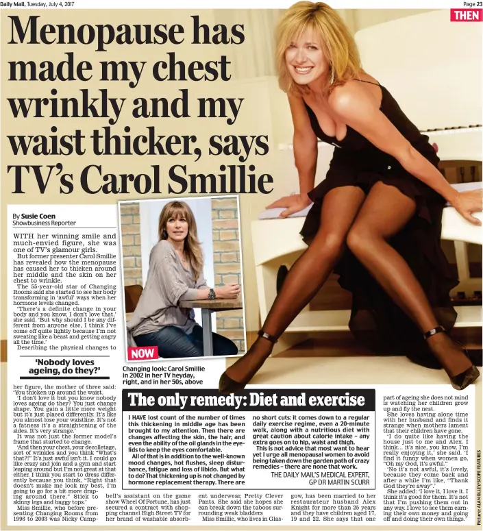  ??  ?? Changing look: Carol Smillie in 2002 in her TV heyday, right, and in her 50s, above NOW