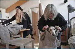  ??  ?? Fashion designer Giovanna Temellini (left) adjusting an outfit on a greyhound dog.