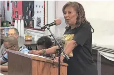  ?? BILL GLAUBER/MILWAUKEE JOURNAL SENTINEL ?? Eve Hall, president and chief executive of Milwaukee Urban League, addresses a Community Brainstorm­ing Conference breakfast on Foxconn at Saint Matthew C.M.E. Church on Saturday.