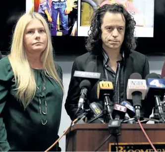  ?? FREDERICK M. BROWN/GETTY IMAGES ?? Alexander Polinsky speaks during a press conference with Nicole Eggert, left, regarding harassment allegation­s against Scott Baio, who has also been accused by Eggert.