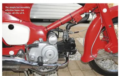  ?? ?? The simple but incredibly effective Super Cub motor, all 49cc of it.