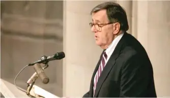  ?? HARAZ N. GHANBARI/AP FILES ?? Mark Shields, a syndicated columnist and political analyst, speaks in 2006 during a memorial service for the late U.S. Sen. William Proxmire at the National Cathedral in Washington.