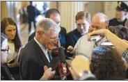  ?? The New York Times/ANNA MONEYMAKER ?? Sen. James Inhofe, R-Okla., talks with reporters on Capitol Hill in late July. Inhofe quietly introduced legislatio­n in June that would ensure that the water levels at Grand Lake, where he owns a house, would not be subject to new flood regulation­s.