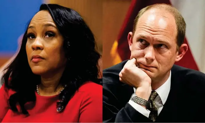  ?? ?? Fulton County district attorney Fani Willis attends a hearing on the election interferen­ce case in Atlanta on 1 March 2024. Judge Scott McAfee presides in court in Atlanta on 27 February 2024. Composite: AP, Reuters