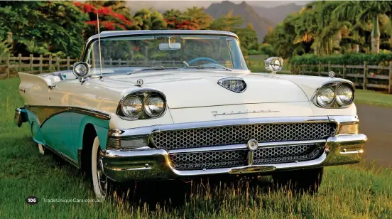  ??  ?? BELOW Twin headlights started appearing on most 1958 American built cars and this Ford Skyliner is optioned with twin rotating spotlights for squirrel spotting.