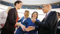  ?? ?? High Commission­er for Human Rights Volker Turk greets Iceland’s Foreign Minister Thordis Kolbrun Reykfjord Gylfadotti­r and Germany’s Foreign Minister Annalena Baerbock prior to a special session of the UN Human Rights Council on the situation in Iran, in Geneva on Thursday.