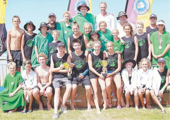  ??  ?? Members of the victorious Currumbin club yesterday at the Surf Life Saving Queensland Youth Championsh­ips at Alexandra Headland. Pictures: WWW.HARVPIX.COM