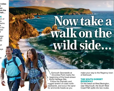  ??  ?? RUGGED: The South West coast in South Devon and, inset below, two walkers enjoying the path’s route