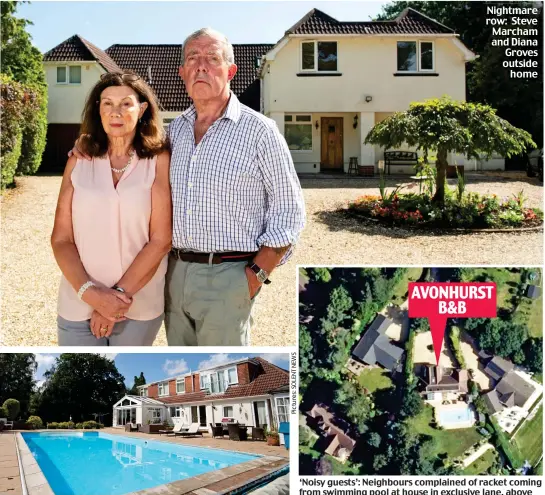  ??  ?? Nightmare row: Steve Marcham and Diana Groves outside home ‘Noisy guests’: Neighbours complained of racket coming from swimming pool at house in exclusive lane, above AVONHURST B&B