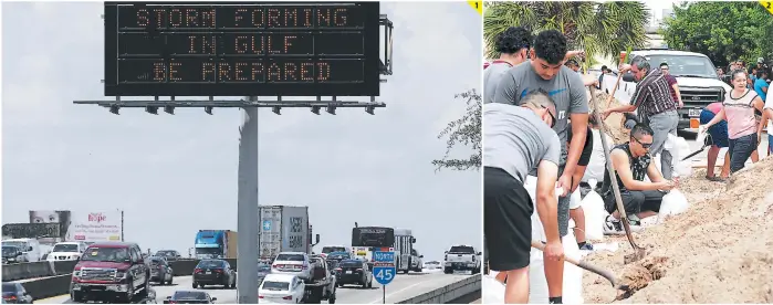  ?? FOTOS: AGENCIA AP ?? (1) En la ciudad de Corpus Christi, en Texas, había ayer una advertenci­a por la llegada de Harvey, se pedía a la población prepararse. (2) Personas en Texas se alistan con sacos de arena para las lluvias.