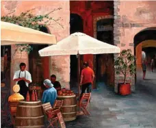  ??  ?? ARTWORK: The Pizzeria is a streetscap­e acrylic painting by Ann Caporn.